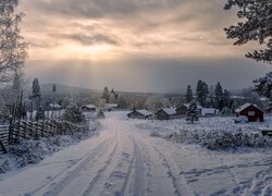 Widok z drogi na domy i drzewa pod chmurami w zimowej scenerii