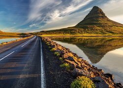Islandia, Jezioro, Góra Kirkjufell, Droga, Chmury
