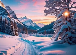 Zima, Droga, Drzewa, Góry, 2D