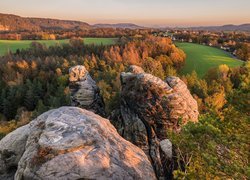 Góry Połabskie, Skały, Drzewa, Góra Gamrig, Jesień, Park Narodowy Saskiej Szwajcarii, Saksonia, Niemcy