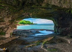 Stany Zjednoczone, Michigan, Jaskinia, Łuk, Skały, Lake Superior, Drzewa