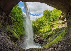 Wodospad, Carpenter Falls, Jaskinia, Skały, Drzewa, Stan Nowy Jork, Stany Zjednoczone
