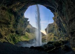 Skały, Jaskinia, Wodospad Kvernufoss, Islandia