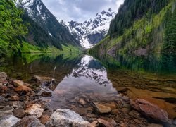 Góry Kaskadowe, Odbicie, Jezioro, Goat Lake, Drzewa, Kamienie, Stan Waszyngton, Stany Zjednoczone