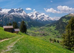 Łąka, Ścieżka, Domy, Dolina, Góry, Alpy, Kanton Berno, Szwajcaria