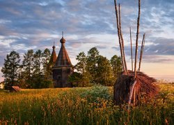 Widok z łąki na drewnianą cerkiew pośród drzew