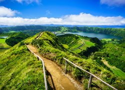 Zielone, Wzgórze, Droga, Szlak, Miradouro da Boca do Inferno, Kaldera, Góry, Jeziora, Jezioro, Lagoa Rasa, Wyspa Sao Miguel, Azory, Portugalia