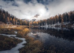 Jezioro, Antorno Lake, Trawy, Śnieg, Drzewa, Mostek, Góry, Mgła, Chmury, Jesień, Włochy