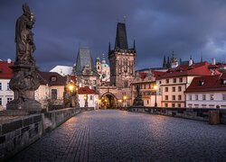 Czechy, Miasto, Praga, Posągi, Wieża, Domy, Most Karola