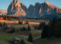 Dolomity, Góry, Sassolungo, Płaskowyż, Seiser Alm, Dolina, Val Gardena, Drzewa, Drewniane, Domy, Włochy