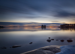 Finlandia, Kamienie, Drzewa, Zachód słońca, Morze