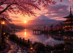 Zachód słońca, Góra Fuji, Jezioro, Pagoda, Kwitnące drzewa, Wiśnia, Latarnie, Japonia, Tradycyjna, Prunus serrulata, Góra, Kwiaty wiśni