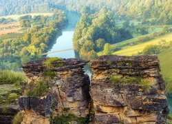 Widok ze skał na most nad rzeką Neckar i winnice