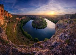 Rzeka Duraton, Skały, Zakole, Zachód słońca, Prowincja Segovia, Region Kastylia Leon, Hiszpania