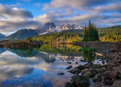 Widok znad jeziora Garibaldi Lake na las i ośnieżone góry