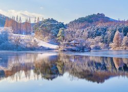 Korea Południowa, Yongbiji, Jezioro, Drzewa, Odbicie, Altana, Zima, Wzgórza
