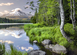 Stany Zjednoczone, Oregon, Stratowulkan, Mount Hood, Las, Trawa, Drzewa, Chmury, Góry, Jezioro, Odbicie, Kamienie, Brzeg