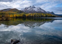 Widok znad jeziora Silsersee na drzewa i góry