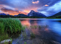 Park Narodowy Banff, Góry, Canadian Rockies, Góra, Mount Rundle, Jezioro, Vermilion Lakes, Trawy, Niebo, Chmury, Wschód słońca, Kanada