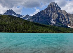 Kanada, Prowincja Alberta, Park Narodowy Banff, Jezioro, Waterfowl Lake, Góry, Góra, Mount Chephren, Drzewa