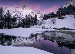 Polska, Góry, Tatry, Jezioro, Morskie Oko, Zima, Drzewa, Domy