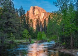 Stany Zjednocznone, Kalifornia, Park Narodowy Yosemite, Góry, Szczyt Half Dome, Rzeka, Merced River, Drzewa