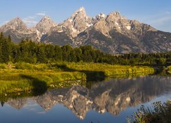 Park Narodowy Grand Teton, Rzeka, Góry, Teton Range, Drzewa, Odbicie, Stan Wyoming, Stany Zjednoczone