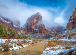 Stany Zjednoczone, Utah, Park Narodowy Zion, Rzeka, Virgin River, Góry, Skały, Mgła