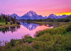 Stany Zjednoczone, Wyoming, Góra, Mount Sneffels, Rzeka, Snake River, Park Narodowy Grand Teton, Drzewa, Zachód słońca
