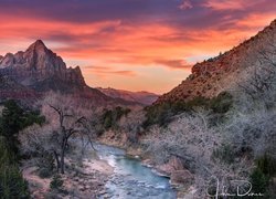 Park Narodowy Zion, Góry Watchman, Rzeka Virgin River, Kamienie, Drzewa, Jesień, Zachód słońca, Stan Utah, Stany Zjednoczone