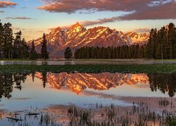 Park Narodowy Grand Teton, Góry Teton Range, Staw, Drzewa, Mgła, Chmury, Stan Wyoming, Stany Zjednoczone