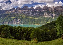 Widok zza drzew na jezioro Walensee i góry Churfirsten w Szwajcarii