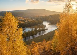 Góry, Rzeka, Las, Drzewa, Jesień, Wschód słońca