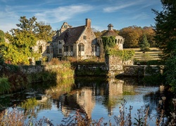 Anglia, Hrabstwo Kent, Wieś Lamberhurst, Dworek, Rezydencja, Scotney Castle, Drzewa, Staw