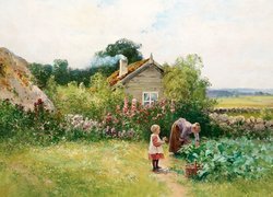 Malarstwo, Obraz, Johan Nilsson Severin, Wieś, Ogród, Dom, Kobieta, Dziecko, Drzewa