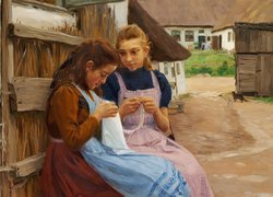 Wiejskie dziewczyny z robótkami na obrazie Hansa Andersena Bradekilde
