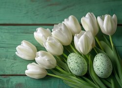 Wielkanoc, Pisanki, Białe, Tulipany, Zielone, Deski