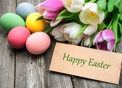Tulipany, Pisanki, Wielkanoc, Napis, Happy Easter