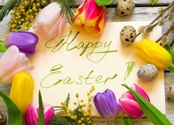 Wielkanoc, Kartka, Życzenia, Napis, Happy Easter, Jajka, Bazie, Tulipany, Akacja srebrzysta, Deski