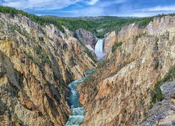 Góry, Skały, Wodospad, Lower Yellowstone River Falls, Rzeka Yellowstone, Drzewa, Wielki Kanion Yellowstone, Park Narodowy Yellowstone, Stan Wyoming, Stany Zjednoczone