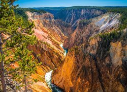 Góry, Wąwóz, Wielki Kanion Yellowstone, Rzeka, Yellowstone River, Drzewo, Park Narodowy Yellowstone, Stan Wyoming, Stany Zjednoczone