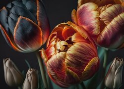 Wielokolorowe tulipany na ciemnym tle