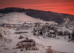 Wschód słońca, Świt, Zima, Śnieg, Rzeka Koyva, Wieś Kusye Alexandrovsky, Kraj Permski, Rosja