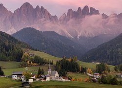 Włochy, Santa Maddalena, Dolina Val di Funes, Góry Dolomity, Wzgórza, Drzewa, Domy, Mgła