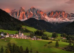 Włochy, Dolina, Val di Funes, Wieś, Santa Maddalena, Góry, Dolomity, Masyw Odle, Lasy, Drzewa, Domy, Kościół