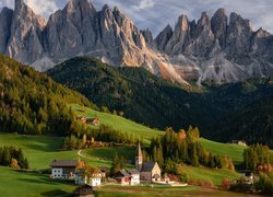 Włochy, Wieś Santa Maddalena, Dolina Val di Funes, Góry, Dolomity, Lasy, Drzewa, Domy, Kościół