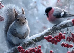 Wiewiórka i gil na ośnieżonej gałązce z owocami jarzębiny