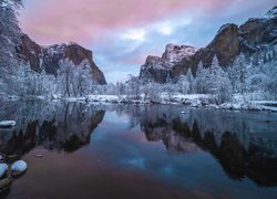 Stany Zjednoczone, Kalifornia, Park Narodowy Yosemite, Rzeka, Merced River, Góry, Sierra Nevada, Zima, Drzewa, Odbicie