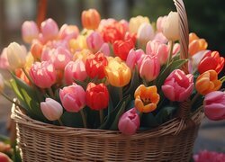 Bukiet, Kolorowe, Tulipany, Koszyk