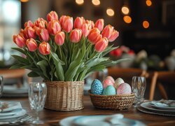 Wielkanoc, Bukiet, Tulipany, Wiklinowe, Koszyczki, Pisanki, Kieliszki